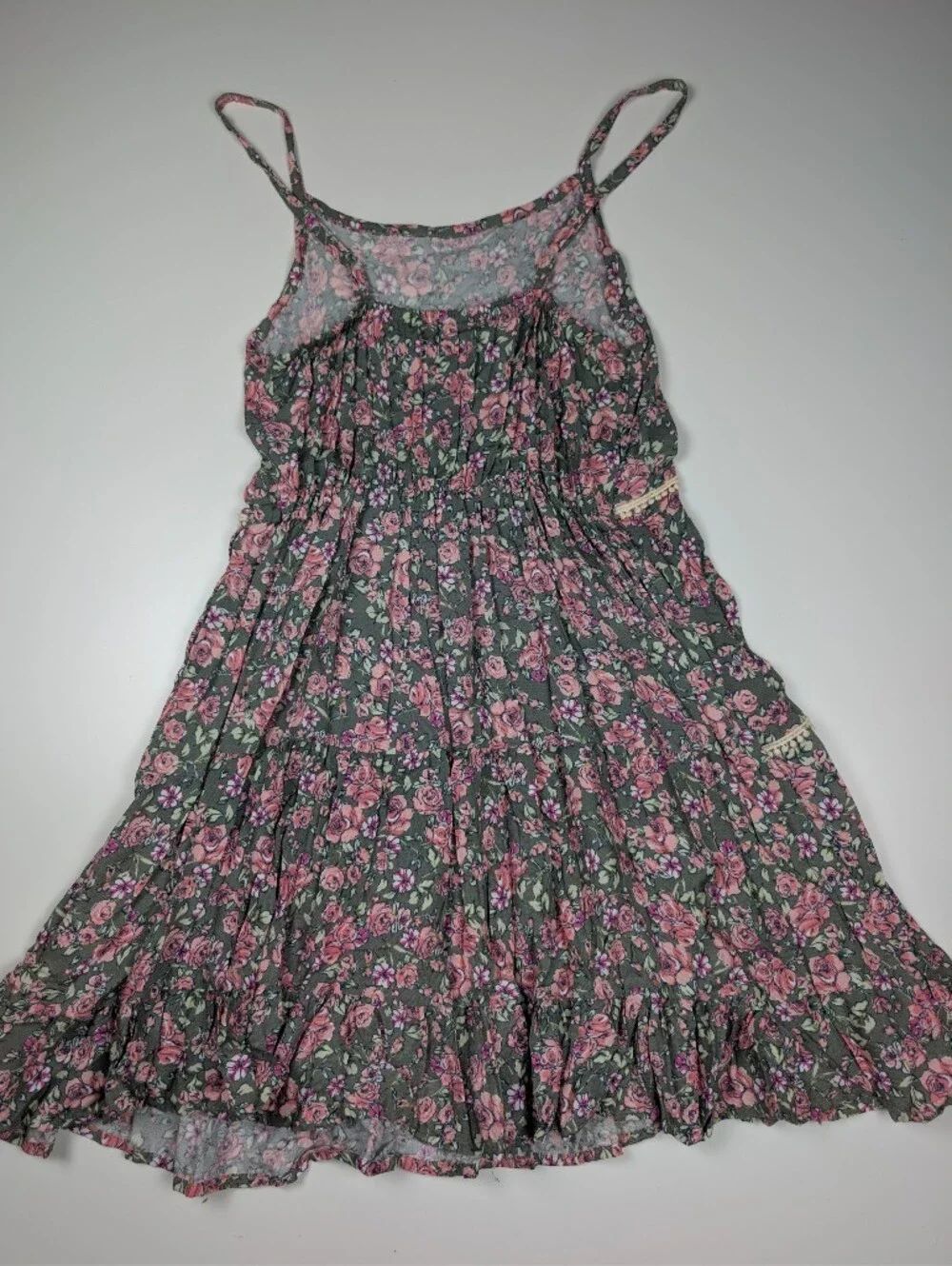 Knitworks Girls Size 12 Floral Tiered Cami Dress Sage Pink Crochet Trim